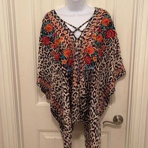 Heavily Floral Embroidered kimono, leopard print background women O/S Multicolor
